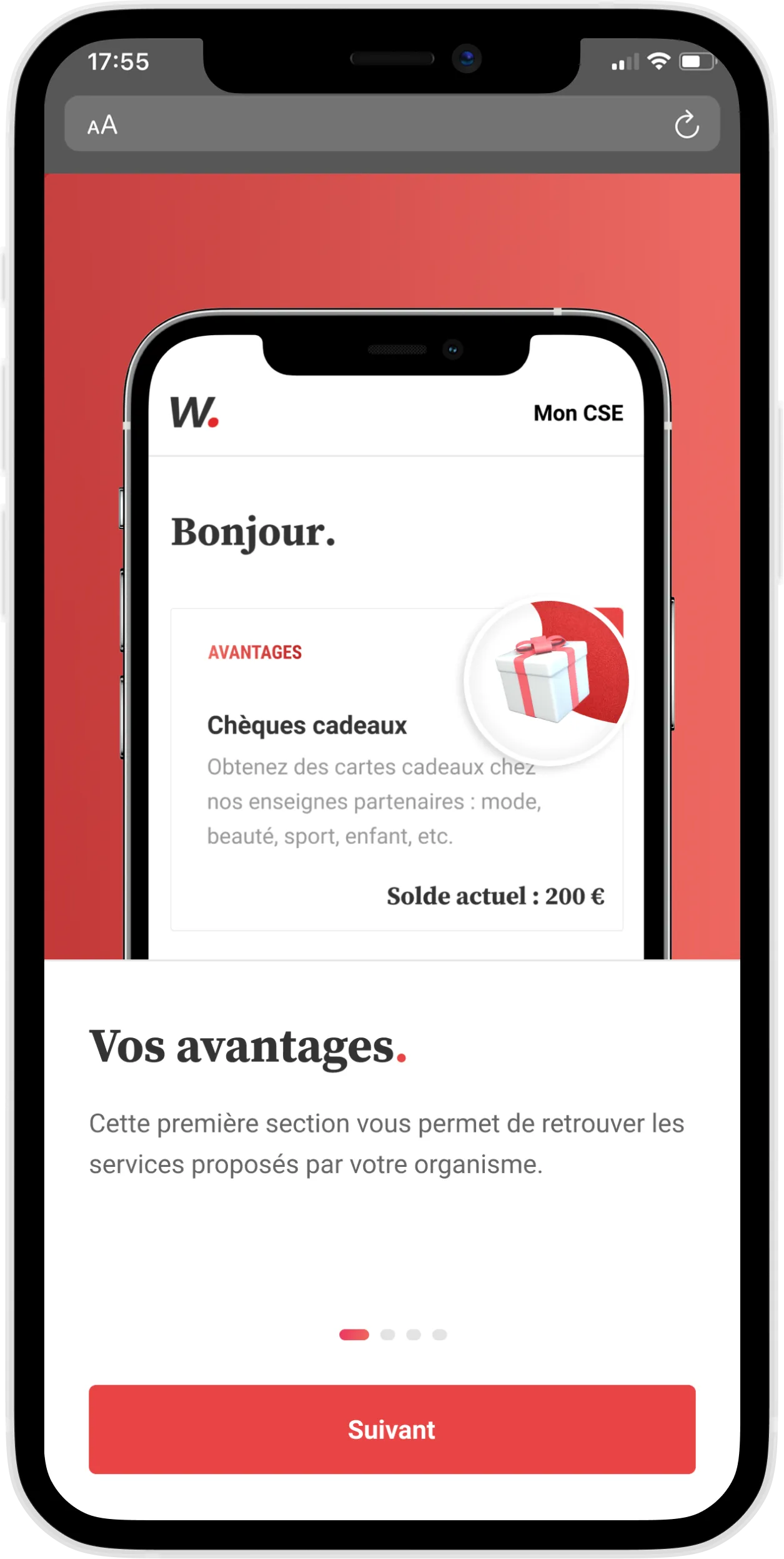 Onboarding de l'espace avantages sur mobile