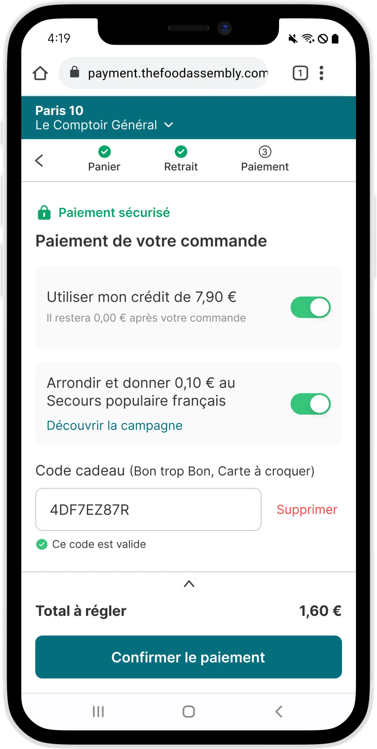 Paiement de la commande sur mobile